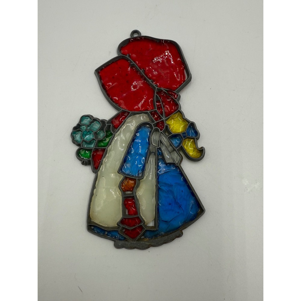 Vintage Sunbonnet Sue Girl Suncatcher Faux Stained Glass Window Hanging Decor